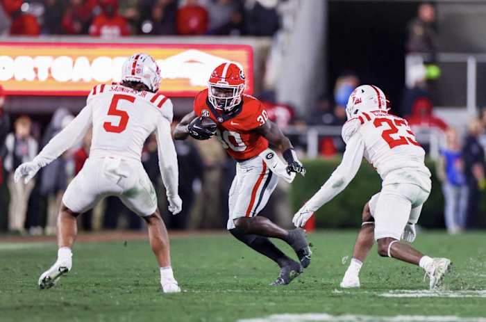 Georgia running back Daijun Edwards during Georgia’s game against Ole Miss on Dooley Field at Sanford Stadium in Athens, Ga., on Saturday, Nov. 11, 2023. (Tony Walsh/UGAAA)